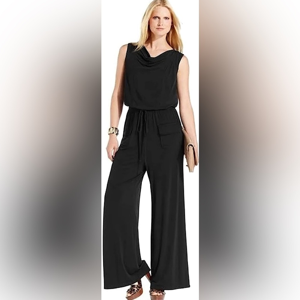 VINCE CAMUTO | Black Draped Neck Wide Leg Sleeveless Jumpsuit Sz S